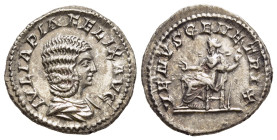 JULIA DOMNA (Augusta, 193-217). Denarius. Rome.

Obv: IVLIA PIA FELIX AVG.
Draped bust right.
Rev: VENVS GENETRIX.
Venus seated left on throne, holdin...