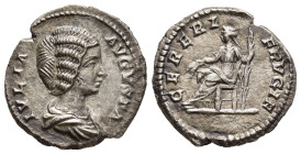 JULIA DOMNA (Augusta, 193-217). Denarius. Rome.

Obv: IVLIA AVGVSTA.
Draped bust right.
Rev: CERERI FRVGIF.
Ceres seated left on throne, holding grain...