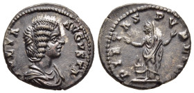JULIA DOMNA (Augusta, 193-217). Denarius. Laodicea.

Obv: IVLIA AVGVSTA.
Draped bust right.
Rev: PIETAS PVBLICA.
Pietas standing facing, head left, bo...