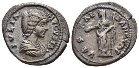 JULIA DOMNA (Augusta, 193-217). Denarius. Laodicea ad Mare.

Obv: IVLIA AVGVSTA.
Draped bust right.
Rev: VESTAE SANCTAE.
Vesta standing left, holding ...