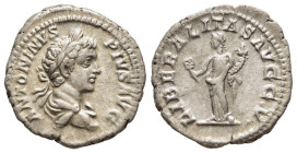 CARACALLA (198-217). Denarius. Rome.

Obv: ANTONINVS PIVS AVG.
Laureate and draped bust right.
Rev: LIBERALITAS AVGG V.
Liberalitas standing left, hol...