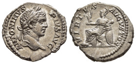 CARACALLA (198-217). Denarius. Rome.

Obv: ANTONINVS PIVS AVG.
Laureate head right.
Rev: VIRTVS AVGVSTOR.
Virtus seated left on throne, holding victor...