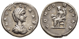 PLAUTILLA (Augusta, 202-205). Denarius. Laodicea ad Mare.

Obv: PLAVTILLAE AVGVSTAE.
Draped bust right.
Rev: CONCORDIAE.
Concordia seated left on thro...