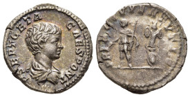 GETA (Caesar, 198-209). Denarius. Rome.

Obv: P SEPT GETA CAES PONT.
Bareheaded and draped bust right.
Rev: PRINC IVVENTVTIS.
Geta standing left, hold...