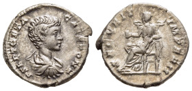 GETA (Caesar, 198-209). Denarius. Rome.

Obv: P SEPT GETA CAES PONT.
Bareheaded, draped and cuirassed bust right.
Rev: SECVRIT IMPERII.
Securitas seat...