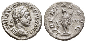 ELAGABALUS (218-222). Denarius. Rome.

Obv: IMP ANTONINVS PIVS AVG.
Laureate and draped bust right.
Rev: LIBERTAS AVG.
Libertas standing left, holding...