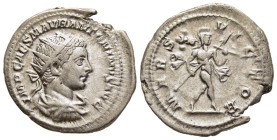 ELAGABALUS (218-222). Antoninianus. Rome.

Obv: IMP CAES M AVR ANTONINVS AVG.
Radiate, draped and cuirassed bust right.
Rev: MARS VICTOR.
Mars advanci...
