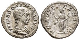 JULIA SOAEMIAS (Augusta, 218-222). Denarius. Rome.

Obv: IVLIA SOAEMIAS AVG.
Draped bust right.
Rev: VENVS CAELESTIS.
Venus standing facing, head left...