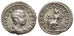 JULIA SOAEMIAS (Augusta, 218-222). Denarius. Rome.

Obv: IVLIA SOAEMIAS AVG.
Draped bust right.
Rev: VENVS CAELESTIS.
Venus seated left on throne, hol...