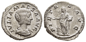 JULIA MAESA (Augusta, 218-224/5). Denarius. Rome.

Obv: IVLIA MAESA AVG.
Draped bust right.
Rev: PIETAS AVG.
Pietas standing left, holding box and dro...