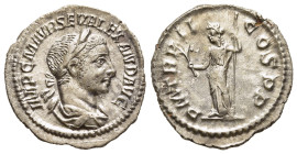 SEVERUS ALEXANDER (222-235). Denarius. Rome.

Obv: IMP C M AVR SEV ALEXAND AVG.
Laureate and draped bust right.
Rev: P M TR P II COS P P.
Pax standing...