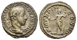 SEVERUS ALEXANDER (222-235). Denarius. Rome.

Obv: IMP C M AVR SEV ALEXAND AVG.
Laureate and draped bust right.
Rev: P M TR P IIII COS P P.
Emperor in...