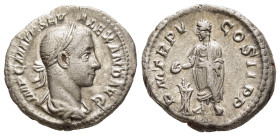 SEVERUS ALEXANDER (222-235). Denarius. Rome.

Obv: IMP C M AVR SEV ALEXAND AVG.
Laureate and draped bust right.
Rev: P M TR P V COS II P P.
Emperor st...