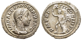 SEVERUS ALEXANDER (222-235). Denarius. Rome.

Obv: IMP ALEXANDER PIVS AVG.
Laureate, draped and cuirassed bust right.
Rev: P M TR P XIII COS III P P.
...