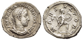 SEVERUS ALEXANDER (222-235). Denarius. Rome.

Obv: IMP ALEXANDER PIVS AVG.
Laureate, draped and cuirassed bust right.
Rev: MARS VLTOR.
Mars advancing ...