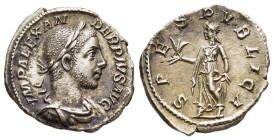 SEVERUS ALEXANDER (222-235). Denarius. Rome.

Obv: IMP ALEXANDER PIVS AVG.
Laureate and draped bust right.
Rev: SPES PVBLICA.
Spes advancing left, hol...