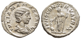 JULIA MAMAEA (Augusta, 222-235). Denarius. Rome.

Obv: IVLIA MAMAEA AVG.
Draped bust right.
Rev: IVNO CONSERVATRIX.
Juno standing left, holding patera...