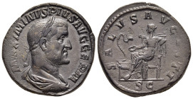 MAXIMINUS THRAX (235-238). Sestertius. Rome.

Obv: MAXIMINVS PIVS AVG GERM.
Laureate, draped and cuirassed bust right.
Rev: SALVS AVGVSTI / S C.
Salus...