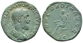 PUPIENUS (238). Sestertius. Rome.

Obv: IMP CAES M CLOD PVPIENVS AVG.
Laureate, draped and cuirassed bust right.
Rev: CONCORDIA AVGG / S C.
Concordia ...