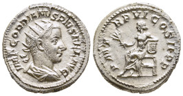 GORDIAN III (238-244). Antoninianus. Rome.

Obv: IMP GORDIANVS PIVS FEL AVG.
Radiate, draped and cuirassed bust right.
Rev: P M TR P VI COS II P P.
Ap...