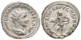 GORDIAN III (238-244). Antoninianus. Rome.

Obv: IMP GORDIANVS PIVS FEL AVG.
Radiate, draped and cuirassed bust right.
Rev: MARTEM PROPVGNATOREM.
Mars...