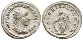 GORDIAN III (238-244). Antoninianus. Rome.

Obv: IMP GORDIANVS PIVS FEL AVG.
Radiate, draped and cuirassed bust right.
Rev: VICTORIA AETERNA.
Victory ...