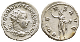 GORDIAN III (238-244). Antoninianus. Antioch.

Obv: IMP GORDIANVS PIVS FEL AVG.
Radiate and cuirassed bust right.
Rev: ORIENS AVG.
Sol standing left, ...
