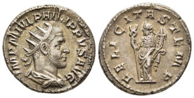 PHILIP I THE ARAB (244–249). Antoninianus. Rome.

Obv: IMP M IVL PHILIPPVS AVG.
Radiate, draped and cuirassed bust right.
Rev: FELICITAS TEMP.
Felicit...