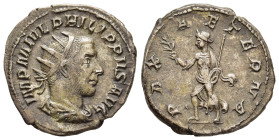 PHILIP I THE ARAB (244–249). Antoninianus. Rome.

Obv: IMP M IVL PHILIPPVS AVG.
Radiate, draped and cuirassed bust right.
Rev: PAX AETERNA.
Pax runnin...