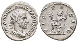 PHILIP I THE ARAB (244-249). Antoninianus. Rome.

Obv: IMP M IVL PHILIPPVS AVG.
Radiate, draped and cuirassed bust right.
Rev: VIRTVS AVG.
Virtus seat...