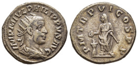 PHILIP II (247-249). Antoninianus. Antioch.

Obv: IMP M IVL PHILIPPVS AVG.
Radiate, draped and cuirassed bust right.
Rev: P M TR P VI COS P P.
Philip ...