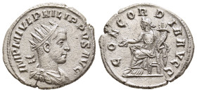PHILIP II (247-249). Antoninianus. Antioch.

Obv: IMP M IVL PHILIPPVS AVG.
Radiate, draped and cuirassed bust right, seen from front.
Rev: CONCORDIA A...