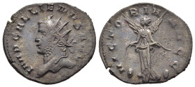 GALLIENUS (253-268). Antoninianus. Mediolanum.

Obv: IMP GALLIENVS AVG.
Radiate bust left.
Rev: VICTORIA AVGG.
Victory standing facing, head left, hol...