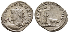 GALLIENUS (253-268). Antoninianus. Mediolanum.

Obv: GALLIENVS AVG.
Radiate, draped and cuirassed bust left, holding shield and spear.
Rev: LEG XIII G...