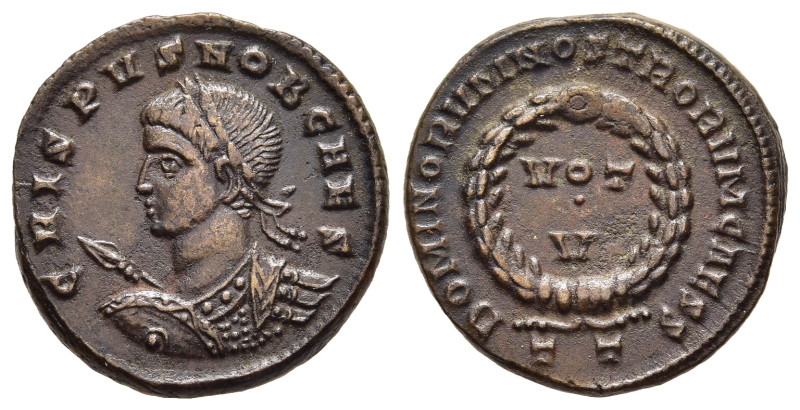 CRISPUS (Caesar, 316-326). Follis. Ticinum.

Obv: CRISPVS NOB CAES.
Laureate and...