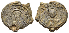 BYZANTINE EMPIRE. Lead Seal (circa 11th century).

Obv: Facing nimbate bust of St. George, holding spear and shield.
Rev: Facing nimbate bust of St. T...