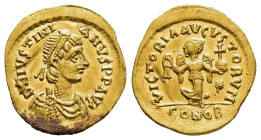 JUSTINIAN I (527-565). GOLD Tremissis. Constantinople.

Obv: D N IVSTNIANVS P P AVG.
Diademed, draped and cuirassed bust right.
Rev: VICTORIA AVGV...