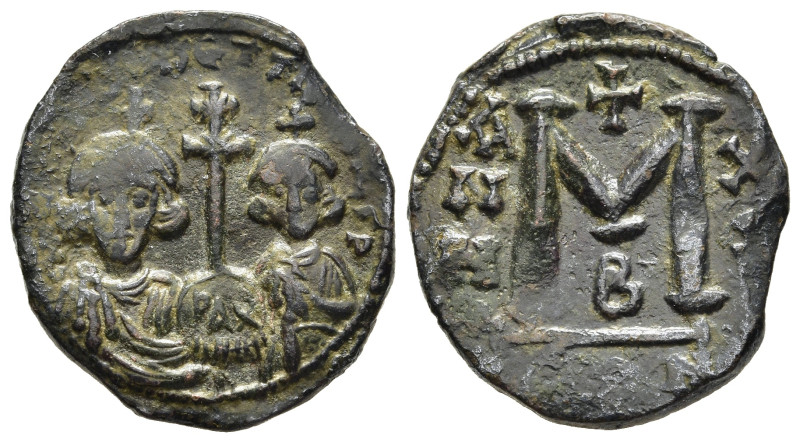 JUSTINIAN II with TIBERIUS (Second reign, 705-711). Follis. Constantinople. Date...