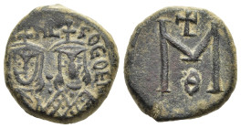 MICHAEL II AMORIANUS (820-829). Follis. Syracuse.

Obv: MIXAHL S ΘEOF.
Crowned facing busts of Michael, with short beard and chlamys to left, and Theo...