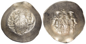 ALEXIUS III ANGELUS COMNENUS (1195-1203). Pale Electrum Trachy. Constantinople.

Obv: +ΚЄ ROHΘЄI.
Christ Nimbate, seated facing on throne without back...