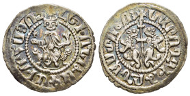 CILICIAN ARMENIA. Levon I (1198-1219). Tram.

Obv: 'Levon King of all the Armenians' (in Armenian).
Levon seated facing on throne, holding globus cruc...