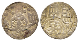 DEUTSCHE MÜNZEN. Osnabrück, Bistum. Dietrich von Horne (1376-1402). Pfennig.

Vs: Bischof mit Krummstab und Buch von vorn.
Rs: Sechsspeichiges Rad zwi...