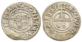 DEUTSCHE MÜNZEN. Wismar unter Schweden. König Karl XI (1660-1697). 1/48 Taler (Schilling), 1669, mit Titel Leopolds I. Münzmeister Henning Stoer. 

Mi...