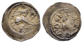 FRANCE. Lorraine (duché). Ferri III (1251-1303). Denier. Nancy.

Obv: Duke Ferri riding right, wielding sword; fleur-de- lis below.
Rev. nVEF-Ch'A ext...