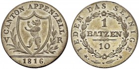 SCHWEIZ 
 Appenzell Ausserrhoden 
 Batzen 1816. 2.74 g. D.T. 158b. HMZ 2-31b. Vorzüglich.