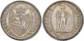 SCHWEIZ 
 Bern 
 Taler 1798. Gekröntes Berner Wappen in einem vertieften Oval. Rv. Stehender schlanker Krieger in einem vertieften Oval. 29.29 g. D....
