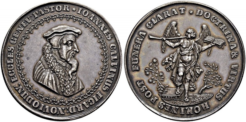 SCHWEIZ 
 Genf / Genève 
 Stadt 
 Silbermedaille 1641. Auf den Reformator Joh...