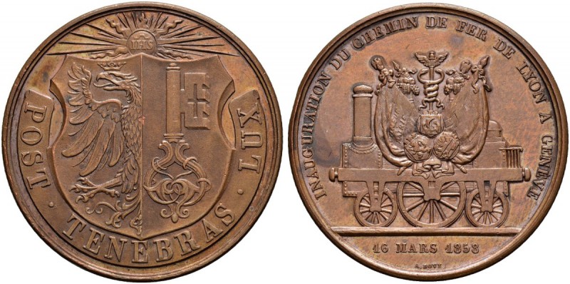 SCHWEIZ 
 Genf / Genève 
 Stadt 
 Bronzemedaille 1858. Auf die Einweihung der...