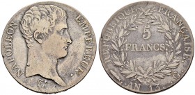 SCHWEIZ 
 Genf / Genève 
 Französische Prägungen 
 5 Francs AN 13, G-Genf. 24.67 g. D.T.262. HMZ 2-352d. Sehr selten. Sehr schön.