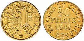 SCHWEIZ 
 Genf / Genève 
 Kanton 
 20 Francs 1848. 7.63 g. D.T. 277. HMZ 2-361a. Fr. 263. Vorzüglich-gutes vorzüglich.